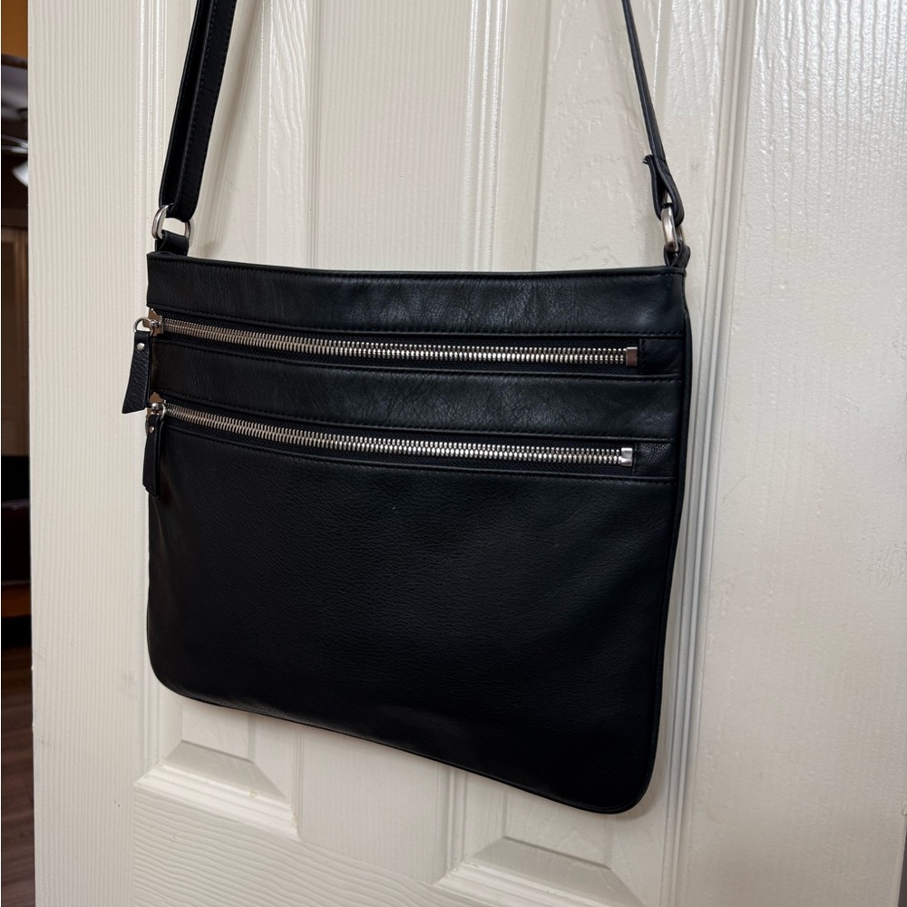 Margot Black Leather Crossbody Handbag Purse Double Zip Pocket